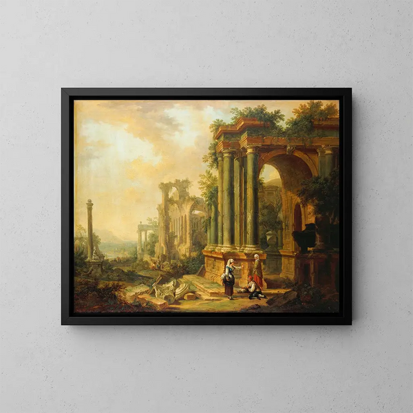 Landschaft mit antiken Ruinen und einer Säule - Christian Georg Schütz der Ältere — gerahmtes Bild an der Wand