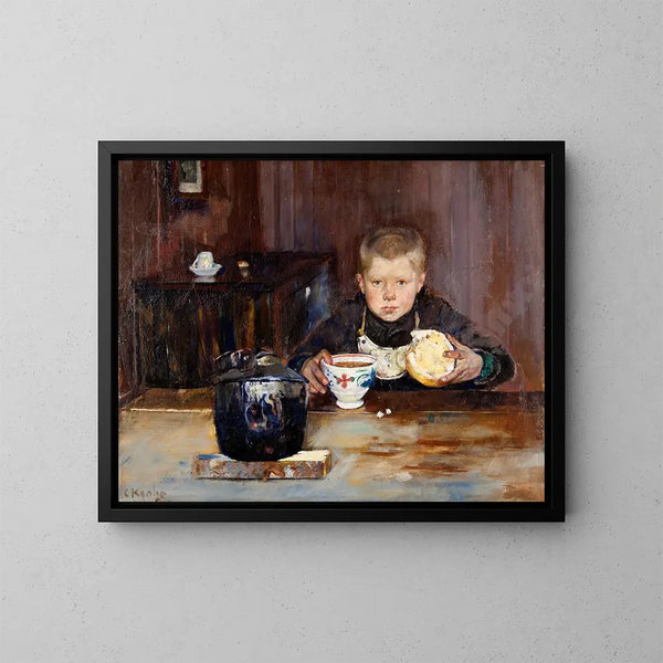 Junge beim Einkaufen trinkend Kaffee - Christian Krohg — gerahmtes Bild an der Wand