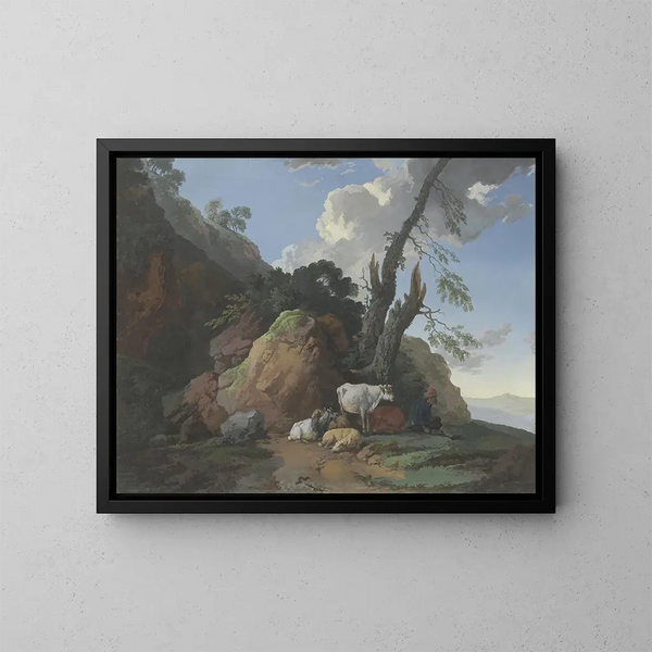 Paesaggio roccioso con un pastore, due capre, due pecore e una capra - Christian Wilhelm Ernst Dietrich — quadro incorniciato alla parete