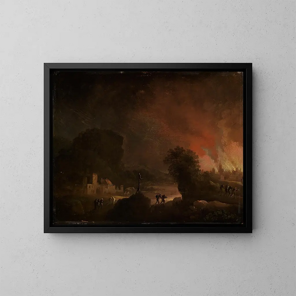 Paesaggio notturno con città in fiamme - Christian Wilhelm Ernst Dietrich — quadro incorniciato alla parete