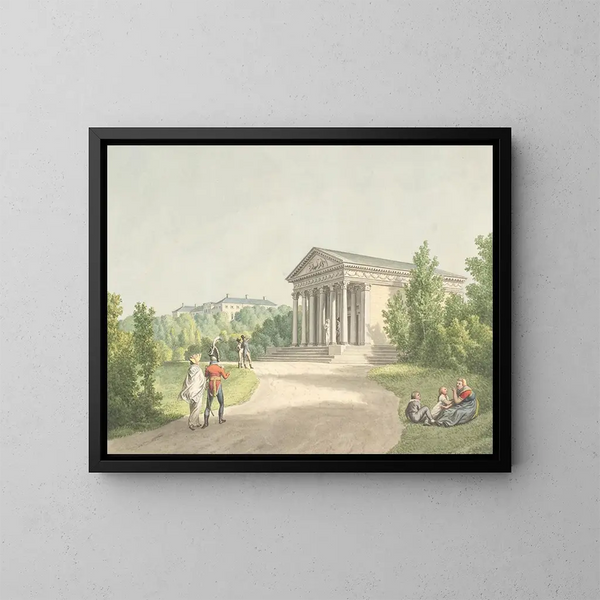 Perspektive des Gartens von Frederiksberg in der Nähe des Schlosses und des Apollon-Tempels - Christoffer Wilhelm Eckersberg — gerahmtes Bild an der Wand