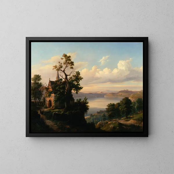 Paesaggio con un lago e una chiesa gotica - Chrystian Breslauer — quadro incorniciato alla parete