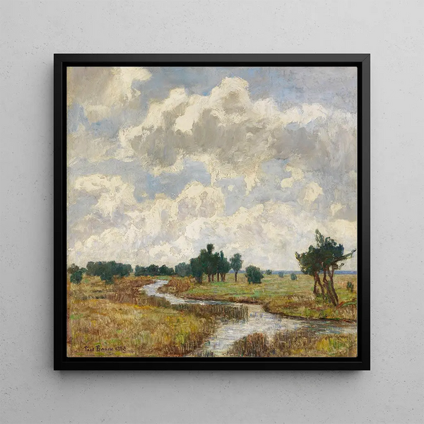 Ciel ensoleillé et nuageux au-dessus de prairies marécageuses avec un ruisseau - Paul Baum