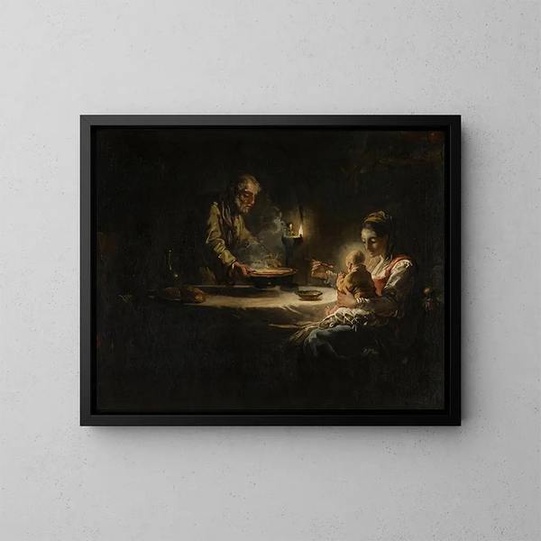 Una scena interna con la Sacra Famiglia a tavola - Cerchio di Jean-Honoré Fragonard — quadro incorniciato alla parete