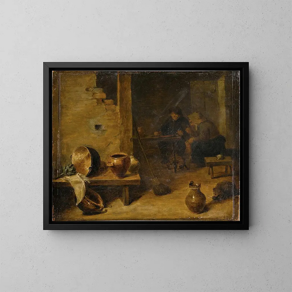 Innentaverlegemälde mit Bauern beim Essen im Hintergrund - Kreis von David Teniers dem Jüngeren — gerahmtes Bild an der Wand