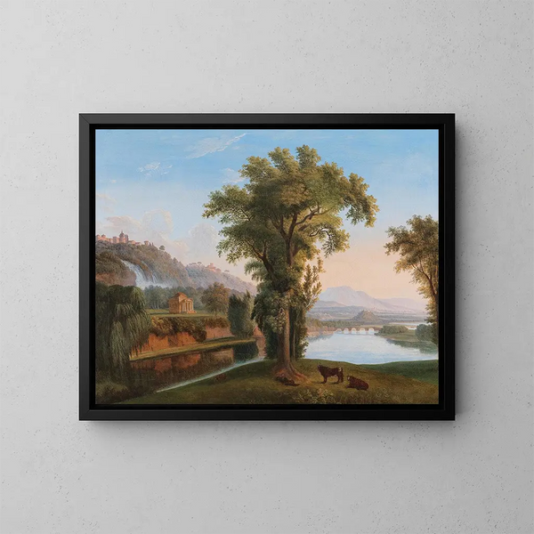 Ein weites Landschaft mit Blick auf die Tivoli-Wasserfälle - Kreis von Jacob Philipp Hackert — gerahmtes Bild an der Wand