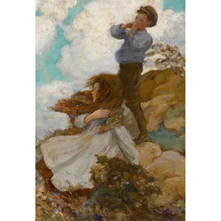 Circle of Jessie Willcox Smith - Two Children on a Windswept Hill.webp