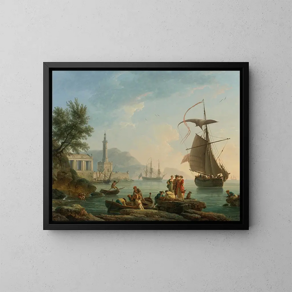 eines mediterranen Hafens bei Sonnenuntergang mit Fischern am Wasser, einem Leuchtturm und einem Kriegsschiff in der Bucht - Claude-Joseph Vernet — gerahmtes Bild an der Wand