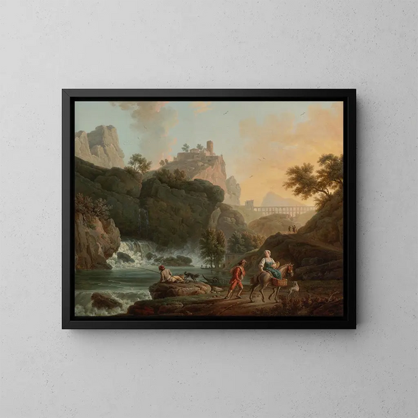 Eine felsige Landschaft mit einem Fischer und Reisenden in der Nähe eines Flusses mit einem Wasserfall und einer Aquädukt in der Ferne - Claude-Joseph Vernet — gerahmtes Bild an der Wand