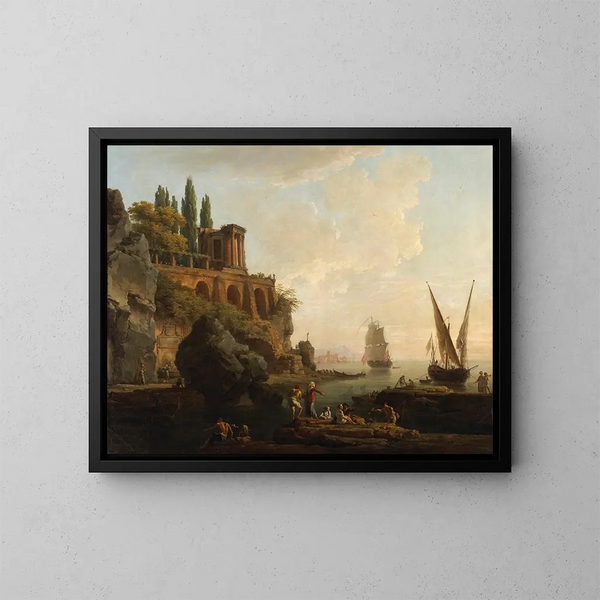 Fantasie-Landschaft, italienischer Hafen-Szene - Claude-Joseph Vernet — gerahmtes Bild an der Wand