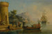 Ansicht eines mediterranen Hafens mit einer Gruppe von Figuren am Wasser, ein großes Schiff im Hintergrund - Claude-Joseph Vernet — Ansicht des Kunstwerks