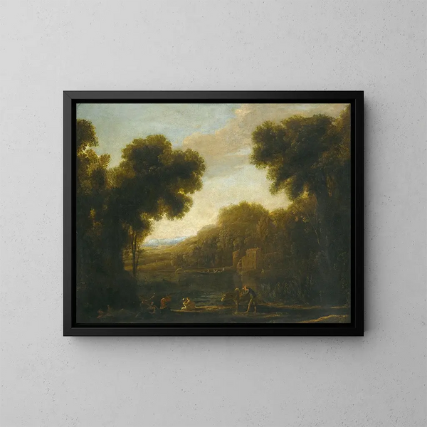 Ein Flusslandschaft mit Reisenden am Ufer - Claude Lorrain — gerahmtes Bild an der Wand