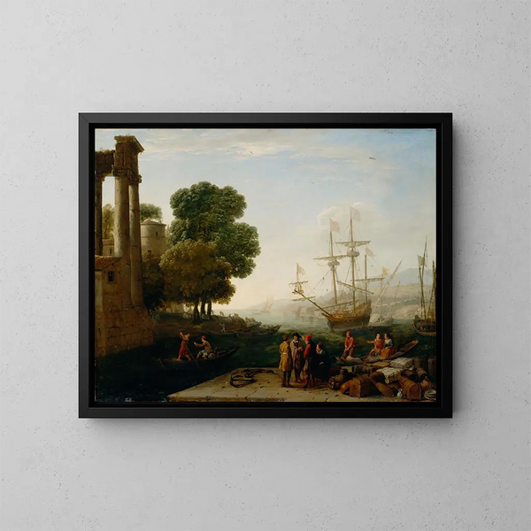 Ein Hafen bei Sonnenuntergang - Claude Lorrain — gerahmtes Bild an der Wand