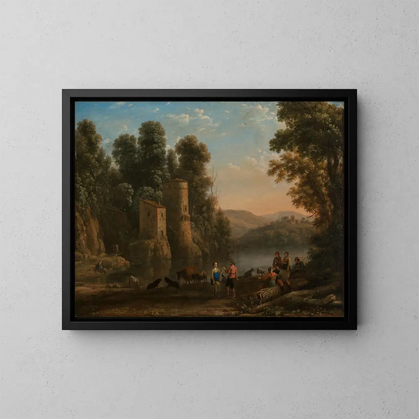 Landschaft mit Hirten. Der Tanz am Wasserufer - Claude Lorrain — gerahmtes Bild an der Wand