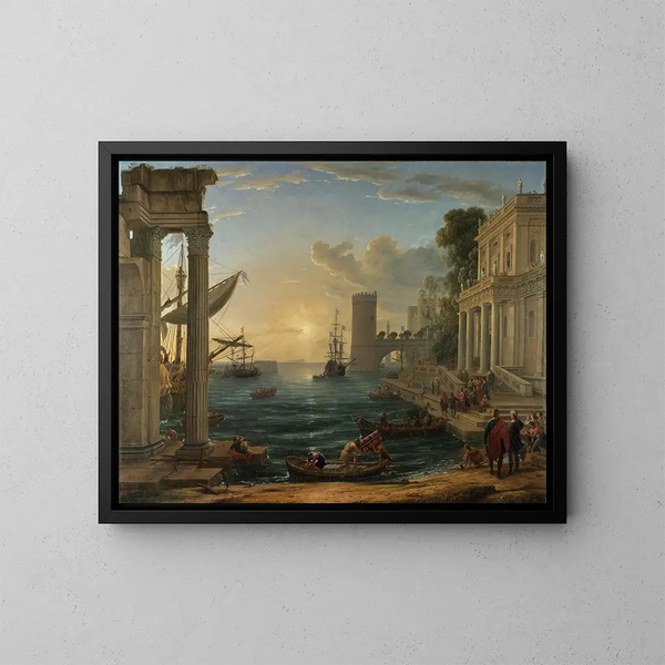 L'Embarquement de la Reine de Saba - Claude Lorrain — gerahmtes Bild an der Wand