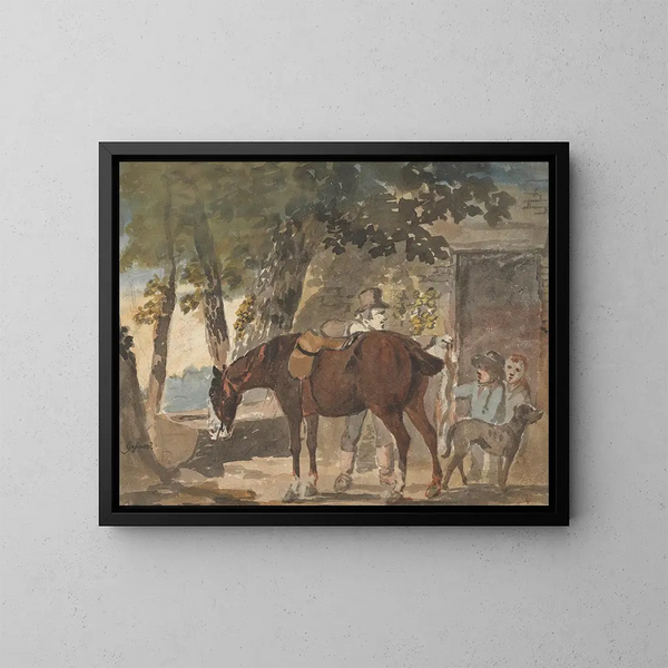 Ein Pferd, ein Hund und Figuren vor einem Cottage - Conrad Gessner — gerahmtes Bild an der Wand