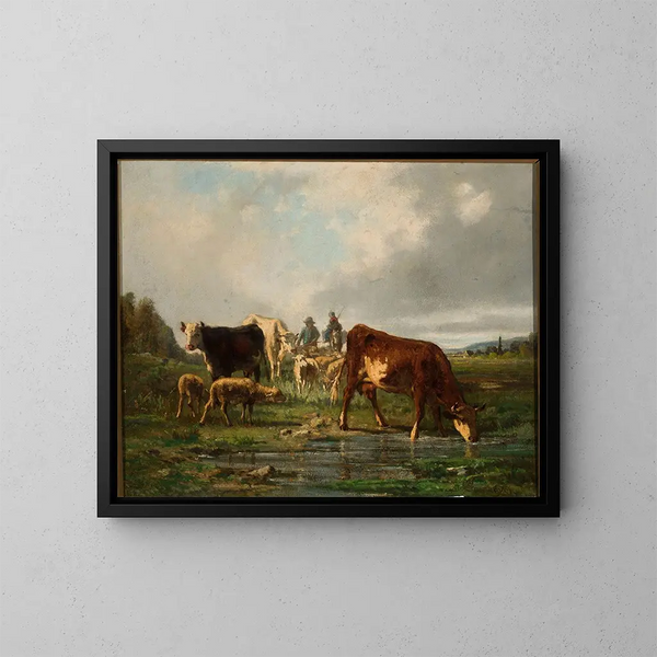 Bétail au point d'eau - Constant Troyon — quadro incorniciato alla parete