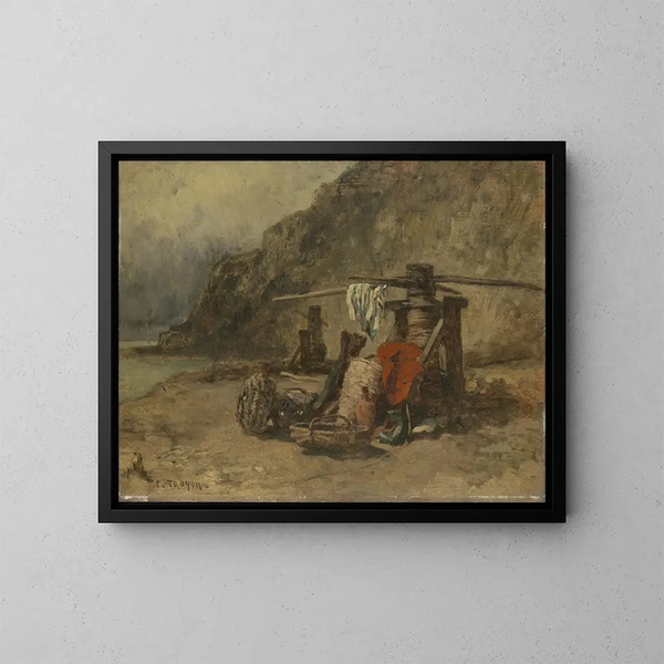 Vista sulla spiaggia con pescatori di granchi - Constant Troyon — quadro incorniciato alla parete
