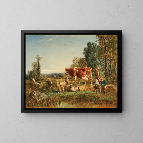 Giovani pastori con il loro bestiame - Constant Troyon — quadro incorniciato alla parete