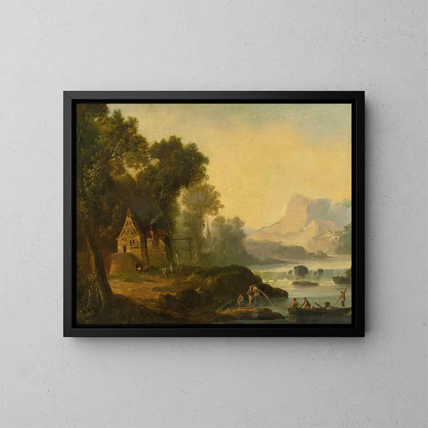 Flusslandschaft mit Figuren - Kontinentale Schule — gerahmtes Bild an der Wand