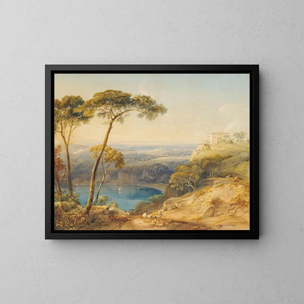 Lac Nemi avec les marais pontins en arrière-plan - Copley Fielding — gerahmtes Bild an der Wand