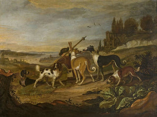 Cornelis Beeldemaker - Gundogs against landscape.webp