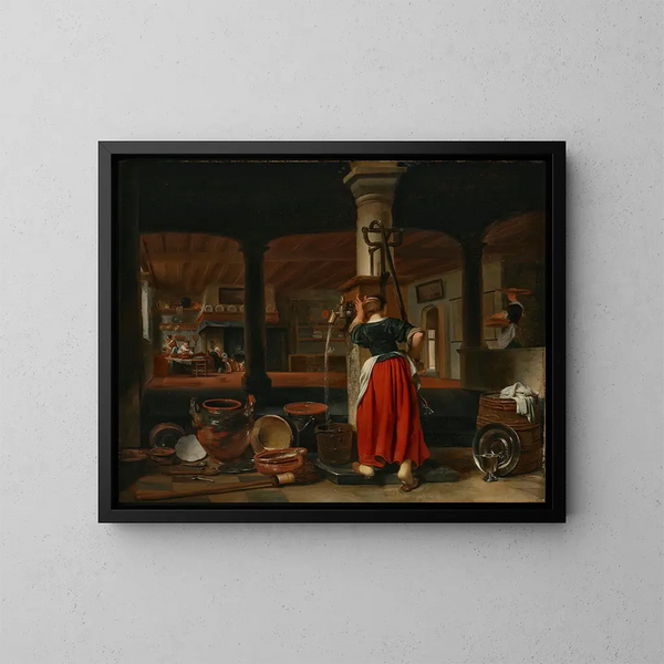 Eine Magd, die Wasser in einer Küchenszene schöpft - Cornelis Bisschop — gerahmtes Bild an der Wand