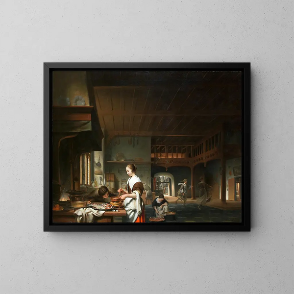 Kücheninnenraum mit einer Frau beim Kochen - Cornelis Bisschop — gerahmtes Bild an der Wand