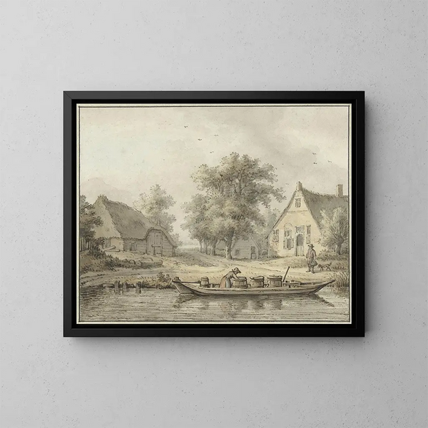 Paesaggio con una barca ormeggiata e dei fusti - Cornelis Buys — quadro incorniciato alla parete