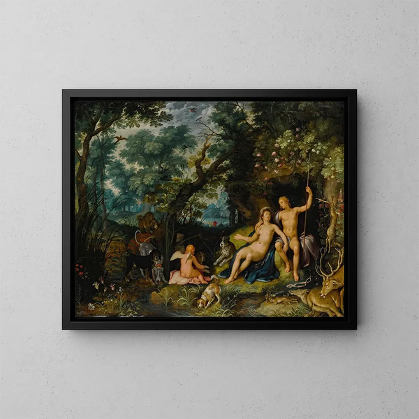 Venere e Adone che riposano in un vasto paesaggio con Cupido, cani da caccia e le loro prede - Cornelis Cornelisz van Haarlem — quadro incorniciato alla parete