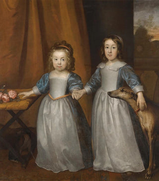 Cornelis Jonson van Ceulen - Portrait Of Two Young Girls On A Terrace With Two Hounds A Landscape Beyond.webp