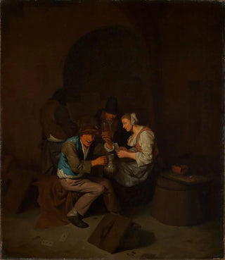 Cornelis Pietersz Bega - Vier zechende Bauern mit einer Frau.webp