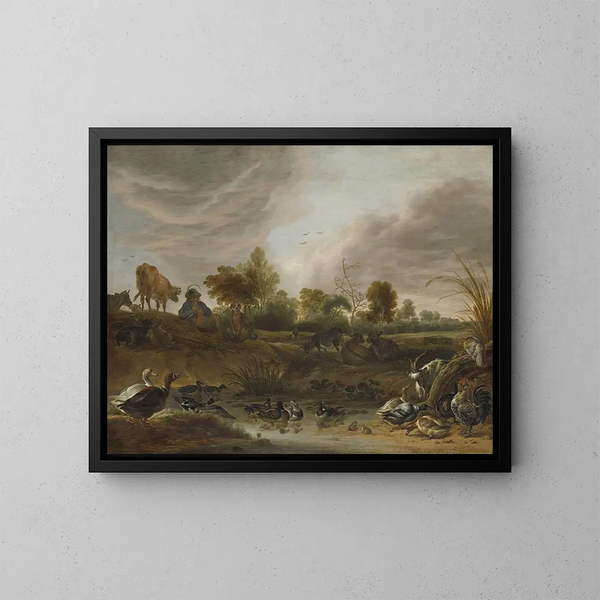 Landschaft mit Tieren - Cornelis Saftleven — gerahmtes Bild an der Wand
