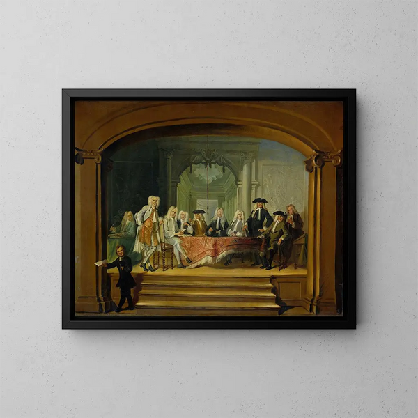 I reggenti dell'orfanotrofio Aalmoezeniersweeshuis di Amsterdam 1729 - Cornelis Troost — quadro incorniciato alla parete