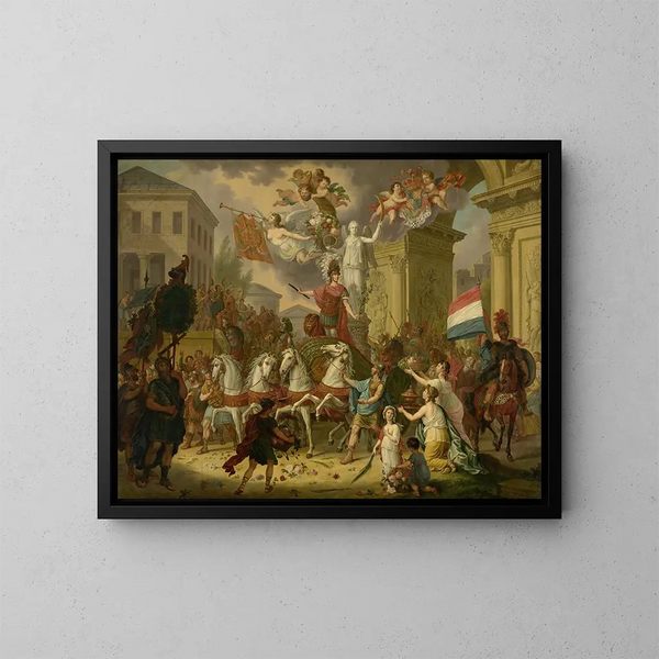 Allegorie der triumphalen Prozession des Prinzen von Oranien, des zukünftigen Königs Willem II, als Waterloo-Held 1815 - Cornelis Van Cuylenburgh II — gerahmtes Bild an der Wand