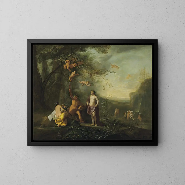 Bacchus, Venus und Ceres unter einer Weinrebe in einer ländlichen Landschaft mit Putten, Nymphen und Satyrn - Cornelis van Poelenburch — gerahmtes Bild an der Wand