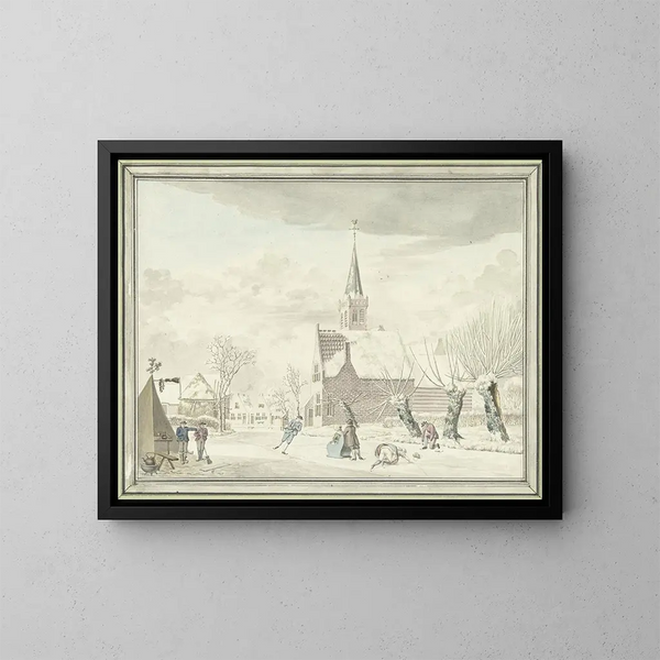 Divertimento sul ghiaccio nel villaggio di Kortenhoef - Cornelis van Noorde — quadro incorniciato alla parete
