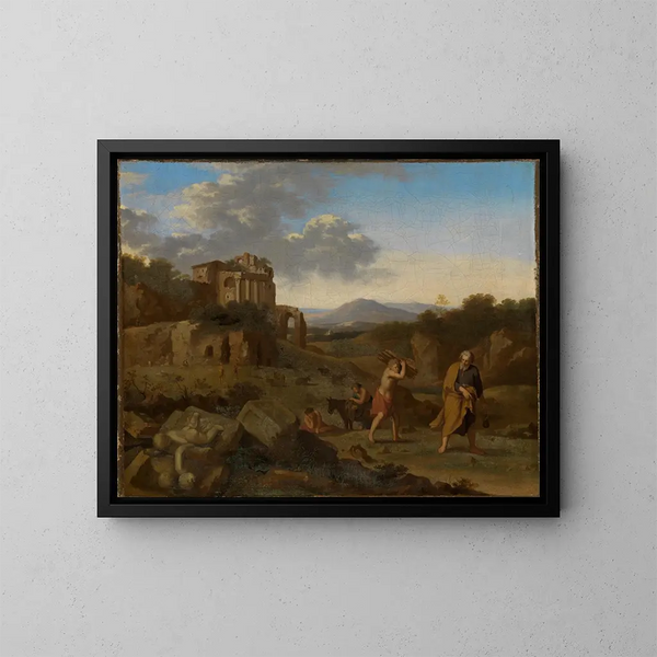 Italienisches Berglandschaftsgemälde mit Abraham und Isaak auf dem Weg zum Opfer - Cornelis van Poelenburg — gerahmtes Bild an der Wand
