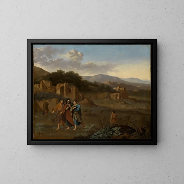 Italienisches Berglandschaftsgemälde mit Christus und den zwei Jüngern auf dem Weg nach Emmaus - Cornelis van Poelenburg — gerahmtes Bild an der Wand