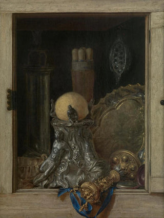 Cornelius Norbertus Gijsbrechts - Trompe loeil of an open cupboard with precious vessels.webp