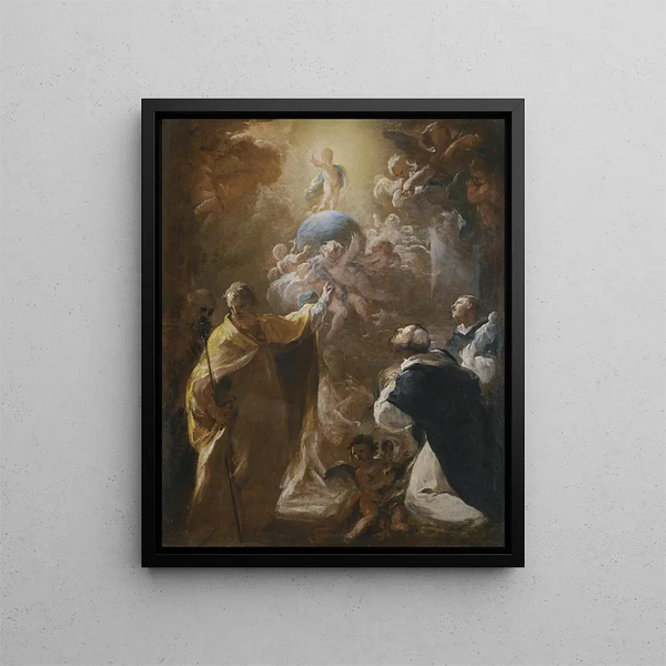 L'Enfant Jésus in Herrlichkeit mit den Heiligen Dominikus und Nikolaus - Corrado Giaquinto — gerahmtes Bild an der Wand