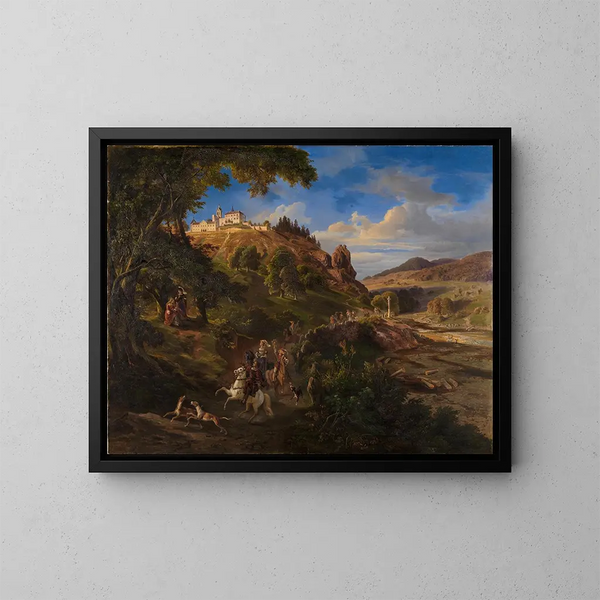Château d'Eberstein près de Gernsbach avec une chasse médiévale - Daniel Fohr — gerahmtes Bild an der Wand