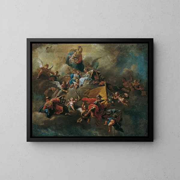 Marie mit dem Kind und Heiligen, die auf Wolken thronen - Daniel Gran — gerahmtes Bild an der Wand