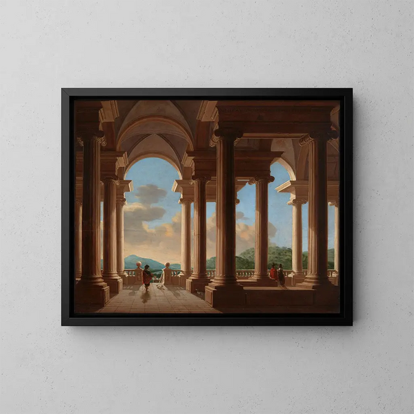 Terrasse mit Kolonnade, architektonische Studie - Daniël de Blieck — gerahmtes Bild an der Wand