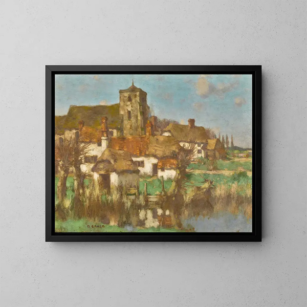 Kirche und landwirtschaftliche Cottages am Flussufer - David Gauld — gerahmtes Bild an der Wand