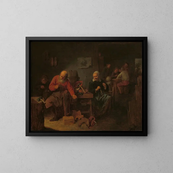 Innenansicht einer Schuhmacherwerkstatt - David Ryckaert III — gerahmtes Bild an der Wand