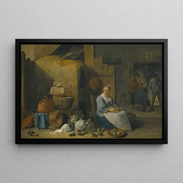 Innenansicht einer Scheune mit einer Magd, die Gemüse vorbereitet - David Teniers der Jüngere — gerahmtes Bild an der Wand