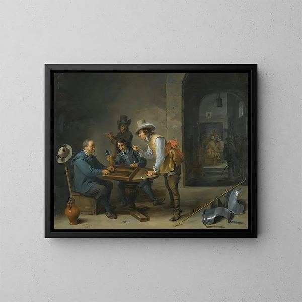 Una scena di guardia con giocatori di trictrac in primo piano - David Teniers il Giovane — quadro incorniciato alla parete