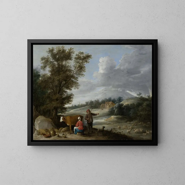 Paesaggio con la lattaia e il pastore - David Teniers il Giovane — quadro incorniciato alla parete