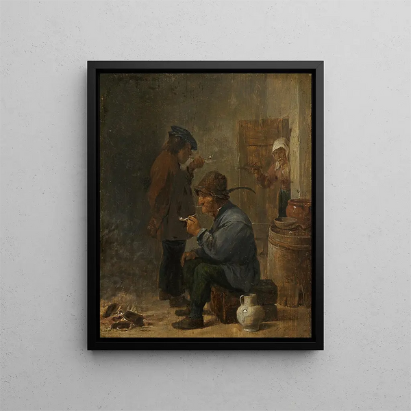 Zwei rauchende Bauern am Kohlefeuer - David Teniers der Jüngere — gerahmtes Bild an der Wand